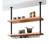 Étagère de plafond industrielle européenne - Porte-bouteille de vin en métal et bois pour cuisine - Support de rangement pour épices et poêles (120 x 25 x 70 cm) - Support en verre non inclus
