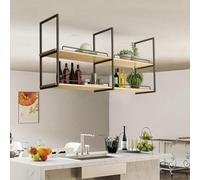 Étagère de plafond moderne - Présentoir de cuisine suspendu, étagères flottantes en bois à 2 couches avec supports de tuyaux noirs, support de rangement monté au plafond avec garde-corps ( Size : 140x