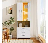 Étagère De Présentation Moderne De 181,5 cm De Hauteur, Façade Blanche Brillante Buffet, Armoire À Portes en Verre Transparent, avec Éclairage LED Réglable, 3 Tiroirs, 2 Portes