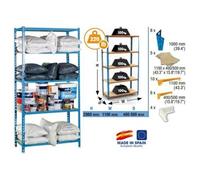 Simon Rack Étagère Rangement et 5 Niveaux en Boix, 200 kg Capacité de Charge et Point de Flexion, 2000x1100x500 mm, Étagère Charge Lourde, Étagère Garage, Bleu/Bois - Maderclick