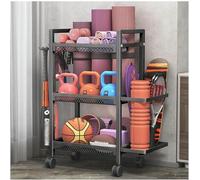 Étagère de rangement à 3 couches avec crochets, support d'haltères, support de tapis de yoga et panier à rouleaux en mousse pour l'organisation de la salle de sport à domicile