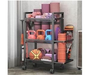 Étagère de rangement à 3 couches avec crochets, support d'haltères, support de tapis de yoga et panier à rouleaux en mousse pour l'organisation de la salle de sport à domicile