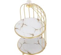 Etagère de rangement à double couche Cage d'oiseau Organizer Display Rack for Bathroom Countertop Dressing Table Gold Frame White Base Gold Pattern