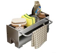 Étagère de rangement de cuisine avec plaque de drainage pour éponge et brosse, porte-serviettes, design non perforé pour éviers standard (gris)