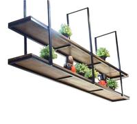 Étagère de Rangement de Plafond, Support à casseroles Suspendu au Plafond - Étagère de Cuisine à 2 Niveaux en Fonte Durable et Bois Massif - Rangement et Organisateur élégants pour la décora