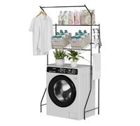 Étagère de rangement en métal à 2 niveaux pour lave-linge et sèche-linge, étagère de machine à laver avec tringles de suspension et crochets, étagère extensible pour économiser de l'espace de salle de