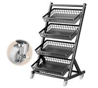 Étagère de rangement en métal avec paniers amovibles - Présentoir de cuisine pour collations, pommes de terre, oignons et légumes - Organiseur commercial à 4 niveaux - Cadre noir