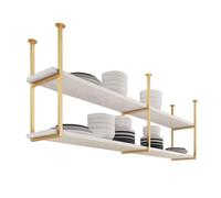 Étagère de rangement flottante pour casseroles poêles de cuisine, étagère industrielle à 2 niveaux à fixer au plafond, support de rangement suspendu en bois pour placard(White+Gold,130x30x80cm)