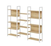 Étagère de Rangement Modulable, Bibliothèque Industrielle à 14 Niveaux, Métal, Bureau Salon, Blanc et Chêne