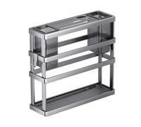 Étagère de rangement murale de cuisine avec plateau de collecte d'eau, support de planche à découper sans perçage et filtre à baguettes, organisateur d'ustensiles en acier au carbone, gris