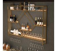 Étagère de rangement murale pour vin avec lumières LED - Support pour verre à vin et bouteille d'alcool - Support flottant noir/doré pour cuisine, bar et salon