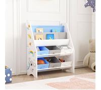[en.casa] Étagère pour Enfant à 6 Bacs Amovibles 2 Compartiments Meuble de Rangement Jouets à Motif Koala Panneau de Particules Textile Non Tissé Métal 74 x 62 x 27 cm Blanc Gris Bleu