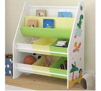 [en.casa] Étagère pour Enfant à 6 Bacs Amovibles 2 Compartiments Meuble de Rangement Jouets à Motif Dinosaures Panneau de Particules Textile Non Tissé Métal 74 x 62 x 27 cm Blanc Vert Jaune