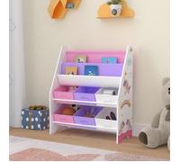 [en.casa] Étagère pour Enfant à 6 Bacs Amovibles 2 Compartiments Meuble de Rangement Jouets à Motif Licornes Panneau de Particules Textile Non Tissé Métal 74 x 62 x 27 cm Blanc Violet Rose