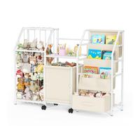 Étagère de rangement pour enfant avec roulettes, 3 poches et tiroir pour | 3 sacs à livres suspendus, anti-basculement avec coins arrondis, cordes élastiques, roulettes de frein à 360°