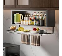 Étagère de rangement rabattable en acier, plateau de préparation mural à 2 niveaux avec porte d'armoire en PVC, étagère à épices rabattable pour cuisine, peut supporter jusqu',A(d7.2"xh18.9")-W27.5"