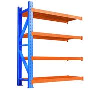 Étagère de rangement réglable en métal robuste à 4 niveaux, pour garage, sous-sol et atelier, montage facile sans vis (bleu et orange, 200 x 40 x 200 cm)