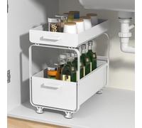 Étagère de rangement sous évier de cuisine à 2 niveaux avec tiroir extractible pour salle de bain et cuisine Blanc