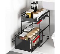 Etagère de Rangement sous évier Rack de Stockage Extensible Organisateur Rangement de Cuisine Maison Gain de Place Meuble Etagère de 2 étages en Acier Inoxydable (37.4 * 26.5 * 44cm-Noir)