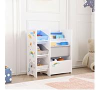 [en.casa] Étagère pour Enfant à 3 Bacs Amovibles 5 Compartiments Meuble de Rangement Jouets à Motif Koala Panneau de Particules Textile Non Tissé Métal 60 x 65 x 30 cm Blanc Gris Bleu