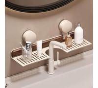 Étagère de salle de bain à ventouse en noyer et porte-savon - Organiseur mural sans perçage pour salle de bain et cuisine | Support de rangement amovible au-dessus du robinet d'évier | Panier élégant