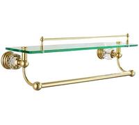 Étagère de salle de bain en verre trempé doré transparent avec barre porte-serviettes 1 à 2 couches, fixation murale, design rectangulaire, très résistant, capacité de 9 kg, 50 x 16 cm