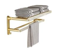 Étagère de salle de bain, Étagère porte-serviettes de salle bain, support mural pliable avec double barre, organisateur serviettes en aluminium doré, panier douche