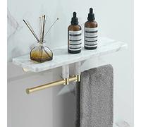 Étagère de salle de bain flottante - Étagère de douche en marbre blanc avec accents en cuivre, porte-serviettes mural et cosmétiques pour shampooing, gel et condiments.