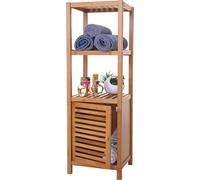Étagère de salle de bain HWC-B18, armoire de salle de bain Étagère sur pied avec porte, bambou ~ 110x36x34cm
