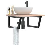 Étagère de vasque murale en acier noir avec plateau en bois de chêne massif 60x60 cm, support trapèze robuste pour salle de bain, rangement pratique pour serviette et accessoires sanitaires