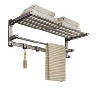 Etagere Douche Porte-serviettes de salle de bain, étagère à serviettes en acier inoxydable avec barre à serviettes et crochets, étagère à serviettes pliable murale, noir/gris Rangement Douche(Gun Gray