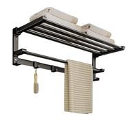 Etagere Douche Porte-Serviettes de Salle de Bain, étagère à Serviettes en Acier Inoxydable avec Barre à Serviettes et Crochets, étagère à Serviettes Pliable Murale, Noir/Gris Rangement Douche(Noir,L)