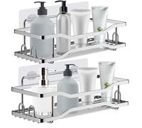 Etagère Douche Sans Percage, 2PCS Rangement Salle de Bain Antirouille et Auto-adhésif, Serviteur de Douche Inoxydable avec Crochets, Organisateur Support de shampooing pour le gel douche(argenté)