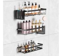 Étagère Douche sans Perçage, 5 Pièces Étagère Salle de Bain Antirouille, Rangement Salle de Bain et Cuisine avec Crochets, Étagère Murale Grande Capacité avec 2 Boîtes de Rangement Latérales - Noir