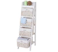 Étagère échelle Goiana, Étagère sur pied avec 4 tiroirs en osier 101x30cm, style shabby, vintage blanc