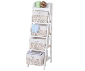 Étagère échelle Goiana, Étagère sur pied avec 4 tiroirs en osier 101x30cm, style shabby, vintage blanc