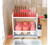 Étagère, Égouttoir à vaisselle à deux niveaux pour évier de cuisine avec bac de rangement, 36 × 26 × 37,5 cm, Blanc.