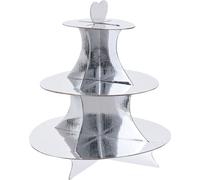 Étagère en carton 34 x 30 cm avec 3 étagères - argent - plateau de service avec poignée en forme de cœur - dessert Muffin Gâteau Plateau en carton Présentoir