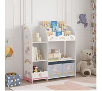 [en.casa] Étagère Enfant avec Compartiments de Rangement Ouverts et 2 Boîtes Meuble de Stockage avec Motif Licorne Panneau de Particules Polyester 100 x 93 x 30 cm Blanc Gris