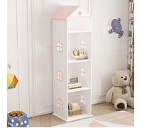 [en.casa] Étagère pour Enfants en Forme de Maison Meuble de Rangement avec 4 Compartiments Ouverts Bibliothèque pour Livres Cahiers Coloriages MDF 140 x 40 x 35 cm Blanc Rose