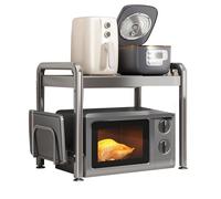 Étagère extensible pour four à micro-ondes, 2 niveaux, longueur réglable de 39 à 64 cm, organiseur de comptoir de cuisine avec support de planche à découper et 6 crochets, 2 réglages de hauteur pour