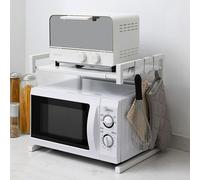 Étagère extensible pour micro-ondes Rack pour four à micro-ondes 2 niveaux Support pour micro-ondes Organisateur Étagères de cuisine avec 3 crochets Blanc