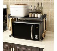 Étagère extensible pour micro-ondes Rack pour four à micro-ondes 2 niveaux Support pour micro-ondes Organisateur Étagères de cuisine avec 3 crochets Noir