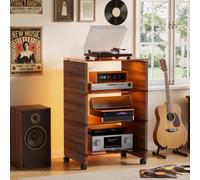 Étagère HiFi à 4 niveaux avec roues, étagère audio en bois et verre trempé marron, support multimédia avec lumières LED, rack mobile HiFi sur roulettes pour tourne-disque, amplificateur, chaîne stéréo