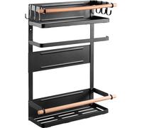 Étagère magnétique pour réfrigérateur / machine à laver avec porte-rouleau et 6 crochets amovibles Étagère suspendue Porte-serviettes en papier jusqu'à 12 kg Noir