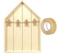 Etagère maison bois avec pinces à linge 19 x 28 cm + masking tape doré à paillettes 5 m Beige G