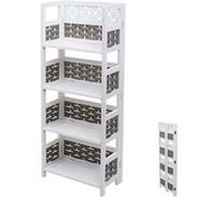 Étagère HWC-K86, Étagère sur pied, pliable 4 étagères, Bois 110cm blanc, tressage gris