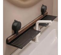 Étagère murale à ventouse pour salle de bain et cuisine en noyer, étagère murale au-dessus du robinet, organiseurs de robinet d'évier amovibles, support de rangement pour robinet en bois (noir, 50 cm)