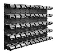 Lot de 50 boîtes de rangement empilables en plastique bacs a bec noir, systeme de rangement murales 115 x 78 cm, vis, clous, attaches, DYI, bricolage, garage atelier, crochets a outils