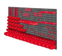 KADAX Kit de rangement mural, 156x78cm pour atelier, étagère murale pour garage, ensemble de mur à outils, système de rangement avec boites de rangement visibles, plaques murales extensibles (Rouge 95